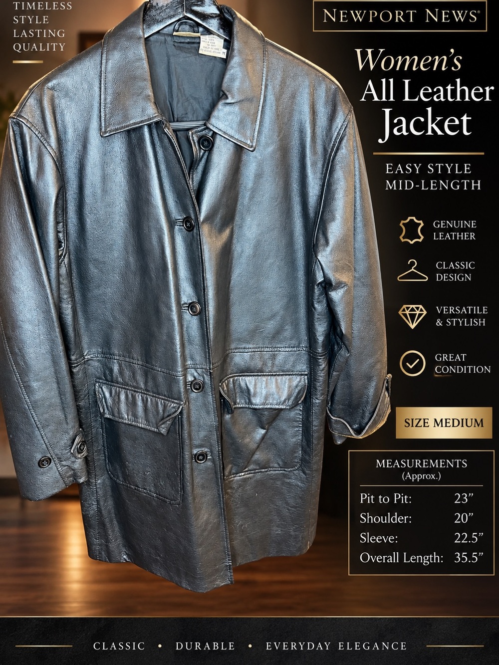Newport News Black Leather Pea Coat
